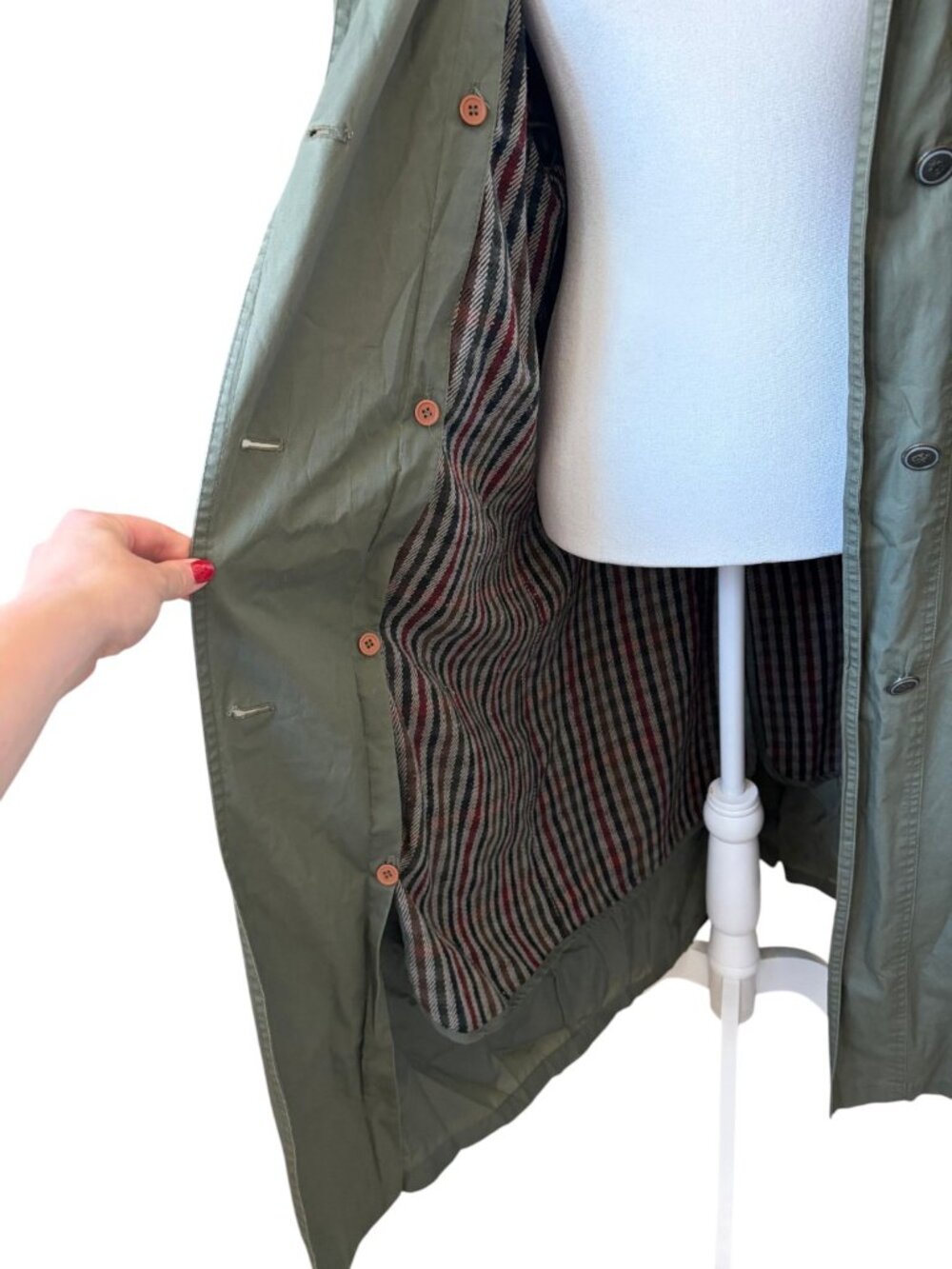 Vintage J Gallery Olive Green Long Trench Coat with Brown Leather Collar Size 12 - Picture 10 of 12